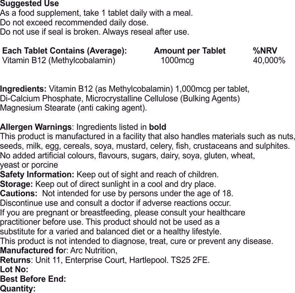 Vitamin B12 (Methycobalamin) 1000mcg | Tiredness, Fatigue & Immune System